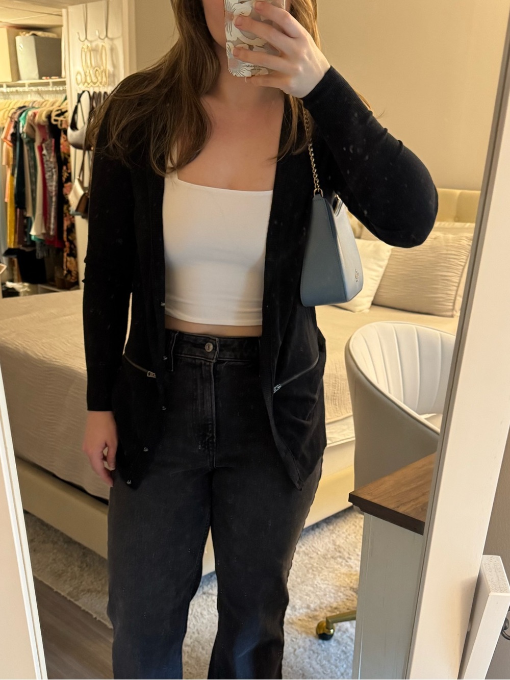 American Eagle 100% Cotton Black Button-Front Long Cardigan with Zipper Pocket